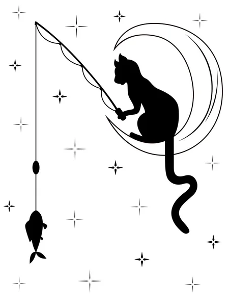 Черная кошка, сидя на Луне и ловит рыбу — стоковый вектор