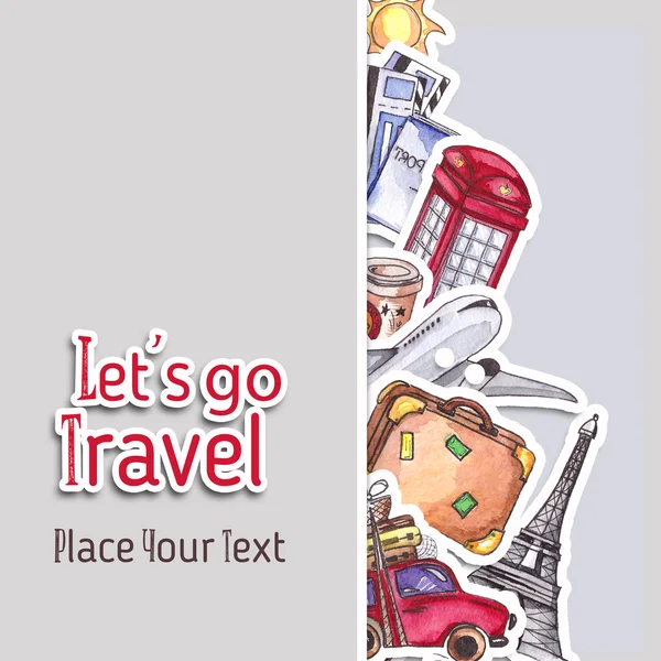 Шаблон путешествий и туризма. Лондон красный телефон окно, статуя свободы, Эйфелева башня. Акварельный рисунок — стоковое фото