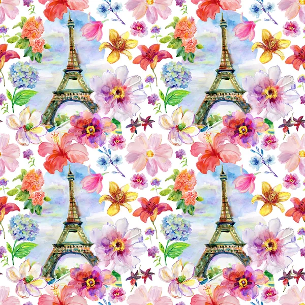 Акварелью цветы и Эйфелева башня — стоковое фото