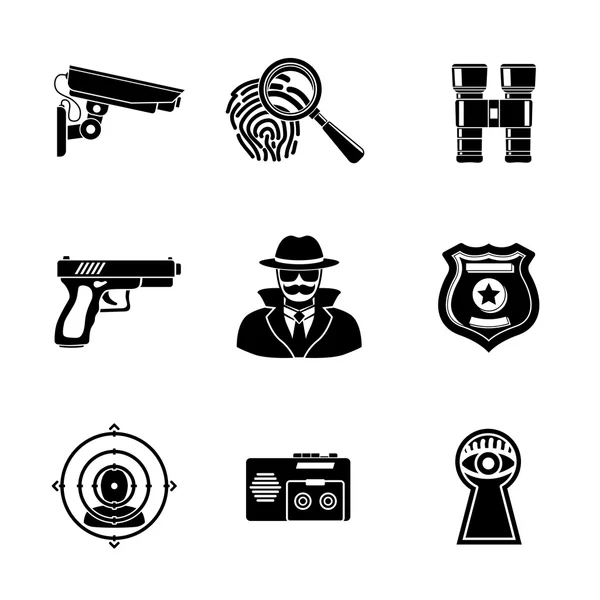 Набор иконок Spy - шпион, пистолет, бинокль, отпечатков пальцев, глаз в замочную скважину, знак, камеры наблюдения, целик, диктофон. Вектор — стоковый вектор