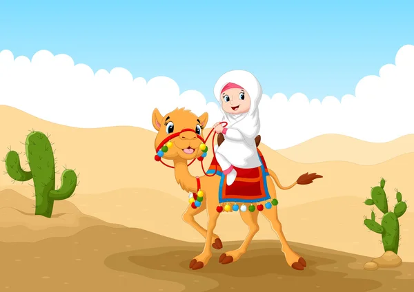 Иллюстрация арабских Девочка верхом на верблюдах в пустыне — стоковый вектор