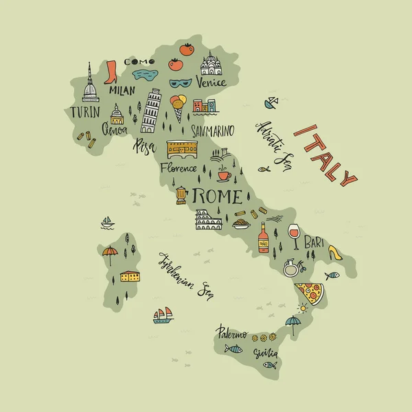 Итальянская карта с Handdrawn символами — стоковый вектор