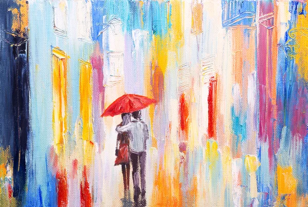 Пара прогулки под дождем под зонтиком, абстрактные красочные картины маслом — стоковое фото