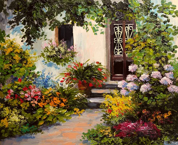 Картина маслом - дом с двориком, красочные акварель — стоковое фото