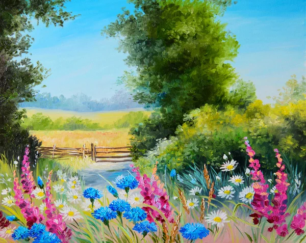 Картина маслом - поле с цветами и абстрактный рисунок лес — стоковое фото