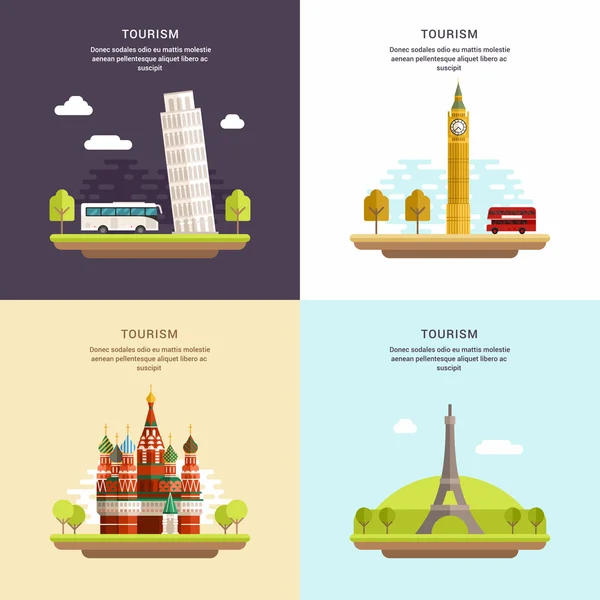 Set of Tourism Concept Flat Style Vector Illustrations. Tower of Pisa, Big Ben, Saint Basils Cathedral, The Eiffel Tower — стоковый вектор