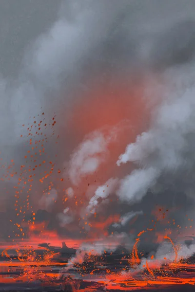 Извержение вулкана, озеро лавы, пейзаж — стоковое фото