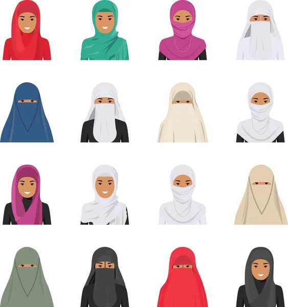 Набор различных арабских мусульман символы аватары иконок в плоский, изолированные на белом фоне. Различия Исламской Саудовской Аравии Арабский этнических женщина улыбающиеся лица в традиционной одежде. Вектор — стоковый вектор