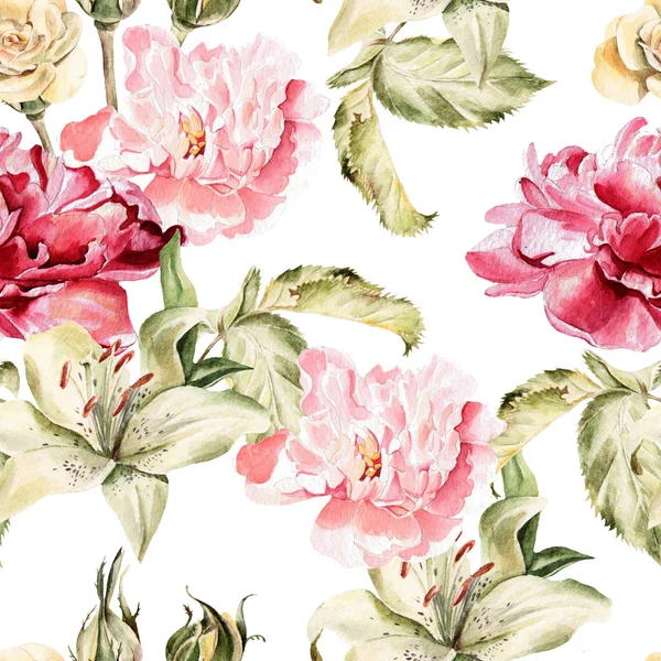 Акварельный рисунок с цветами лилии, пионы и розы, бутоны и лепестки — стоковое фото
