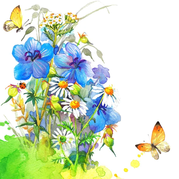 Акварелью цветы и бабочки на размытым фон — стоковое фото