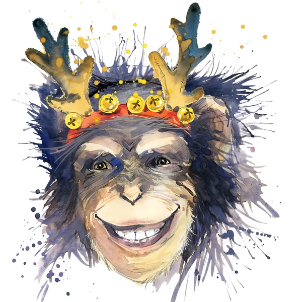 Обезьяна Новый год футболка графика. обезьяна год иллюстрация с всплеск акварель текстурированный фон. необычной иллюстрации акварель обезьяна для моды печать, плакат, текстиль, дизайн одежды — стоковое фото