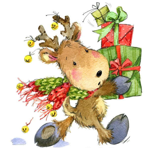 Смешные оленей Санта-Клауса. Акварельные иллюстрации для новый год и рождественские украшения — стоковое фото