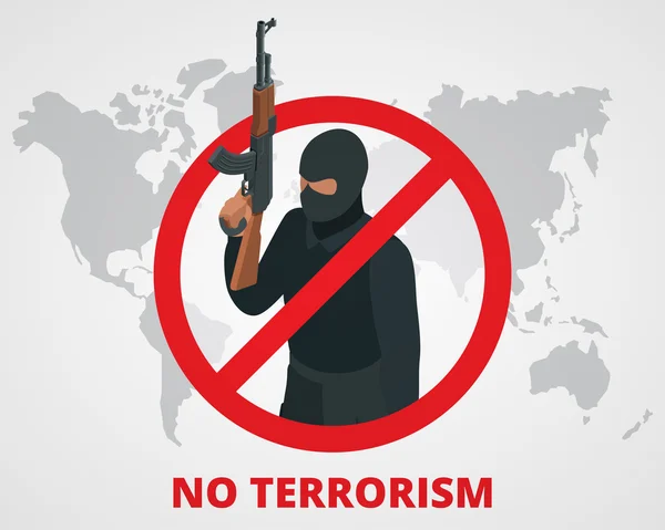 No terrorism. Stop terror sign anti terrorism campaign badge on world map. Flat 3d illustration. — стоковый вектор