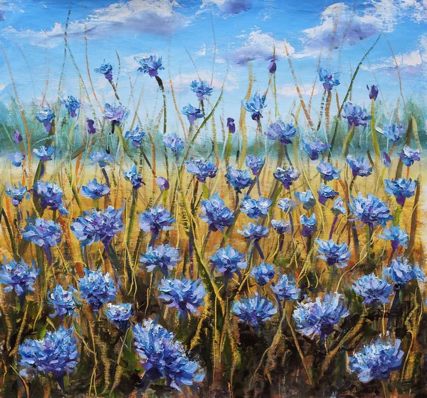 Цветочное поле. Голубые цветы на лугу. Голубое небо. Картина маслом — стоковое фото