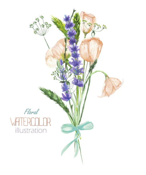Иллюстрация с букет красивых акварели Флора и цветки лаванды, рисованной в акварели — стоковое фото