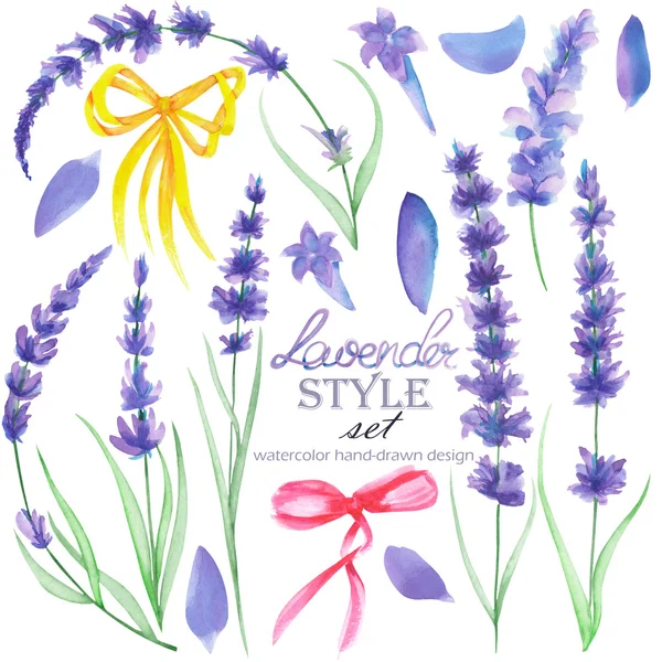 Set of the watercolor lavender elements and bows for decoration — стоковое фото