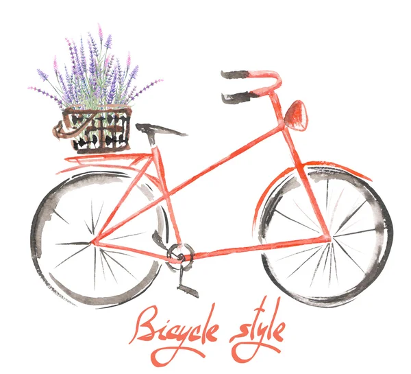 Иллюстрация (изображение) акварельный красный велосипед с корзинкой цветков лаванды — стоковое фото
