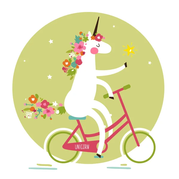 Милый Единорог на велосипеде с гривой цветов — стоковый вектор