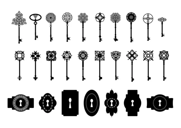 Старинные ключи и силуэт коллекции замочные скважины — стоковый вектор