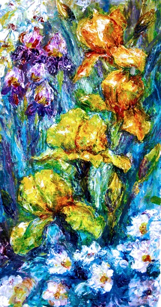 Картина маслом. Цветы ирисов и веточку шиповника — стоковое фото