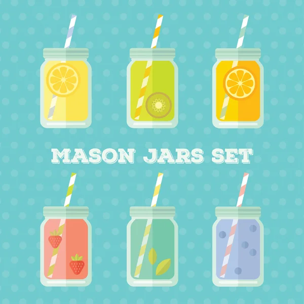 Плоский цветной дизайн стиль современной векторные иллюстрации набор векторов Мейсон jar. Летний лимонад с фруктами: лимон, киви, оранжевый, клубники, мяты, голубика, изолированные на синем фоне пунктирная — стоковый вектор