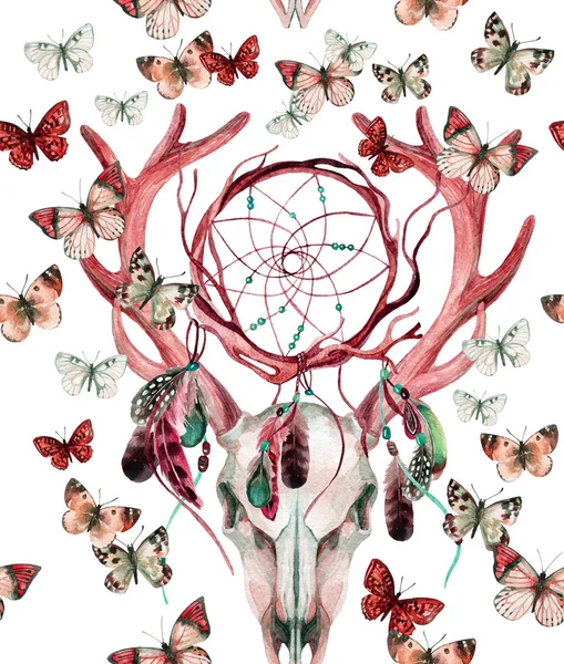 Deer skull seamless pattern. Animal skull with dreamcather and butterfly. — стоковое фото