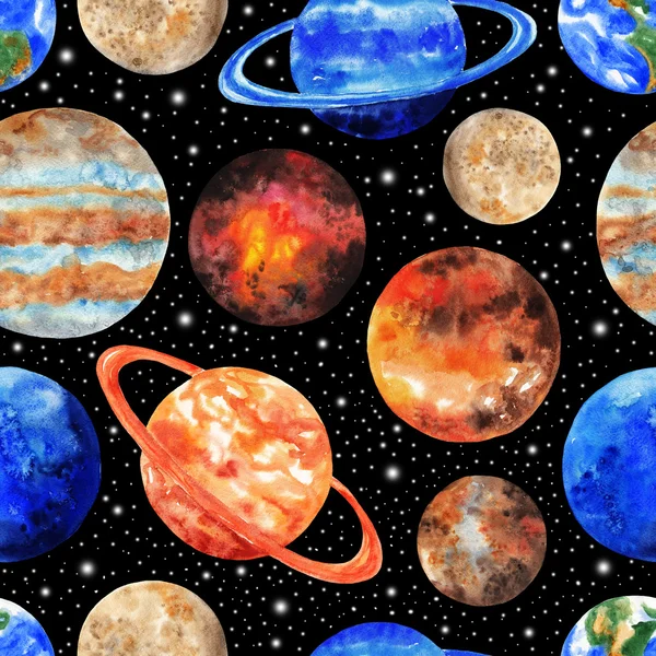 Бесшовный фон с планетами солнечной системы на черном фоне. Меркурий, Венера, земля, Марс, Юпитер, Сатурн, уран, Нептун, Плутон. Акварельный рисунок — стоковое фото