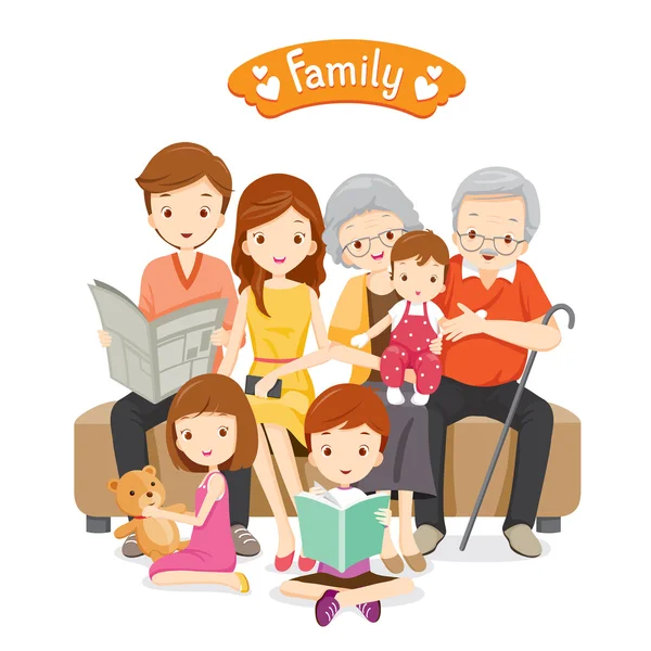 Счастливые семьи размещения на диван и пол — стоковый вектор