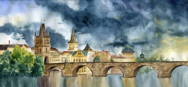 Акварель ручная роспись Прага и Karlov большинство. Illlustration с башня и мост, вид на город — стоковое фото