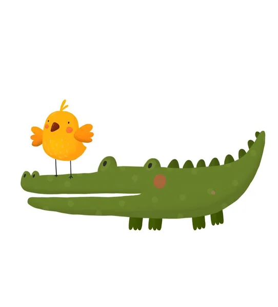 Карта с милый мультфильм крокодил и птица — стоковое фото