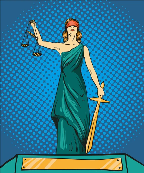 Статуя бога правосудия Фемиды. Фемида с балансом и мечом. Векторные иллюстрации в ретро стиле поп-арт комиксов. Правовая концепция права — стоковый вектор