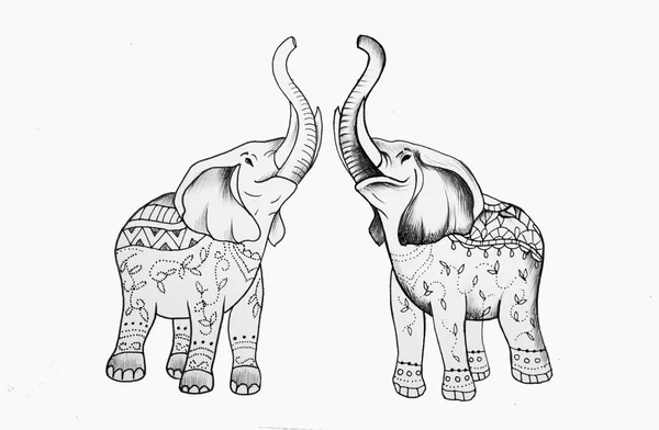 Эскиз в двух слонов в узоры на белом фоне — стоковое фото