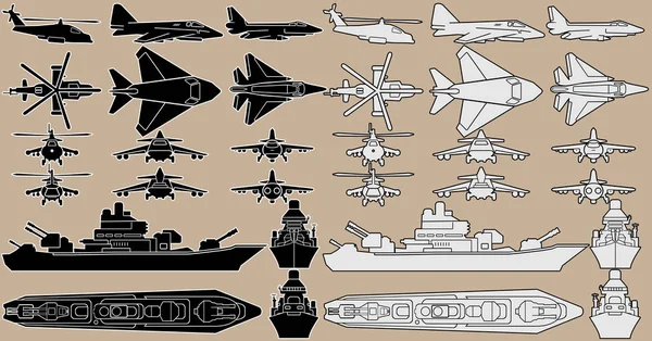 Военной техники набор боевых самолетов и кораблей — стоковое фото