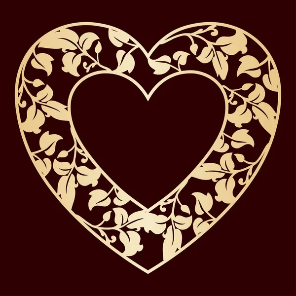 Ажурное сердце с листьями. Золотой вектор кадр. Лазерной резки шаблон — стоковый вектор