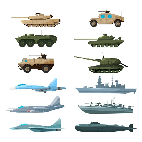 Военно-морские транспортные средства, самолеты и различных военных кораблей. Иллюстрации артиллерии, танков и подводная лодка — стоковый вектор