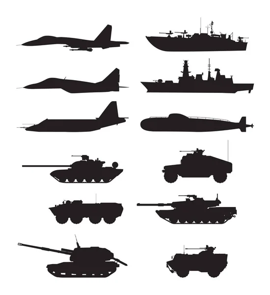 Силуэт поддержки военных машин. Самолетов сил. Армейские автомобили и кораблей — стоковый вектор