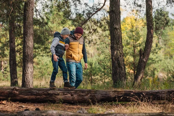 Отец и сын, прогулки в лесу — стоковое фото