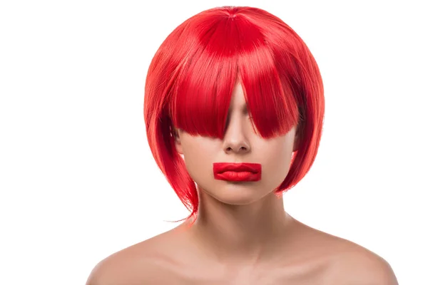 Привлекательная Женщина Рыжими Волосами Красные Губы Форме Прямоугольника Изолированные Белом — стоковое фото