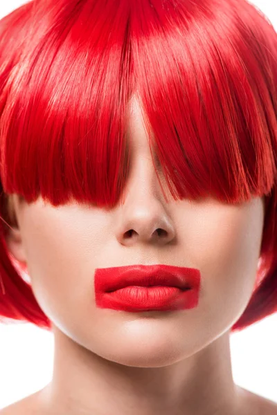 Красивая Женщина Рыжими Волосами Красные Губы Форме Прямоугольника Изолированные Белом — стоковое фото