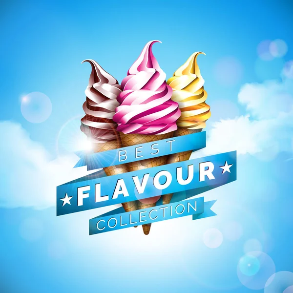 Иллюстрация мороженого с вкусный десерт и помечены ленты на фоне голубого неба. Векторный дизайн шаблона для рекламных баннеров или плакат с ванилью, шоколадом, удар — стоковый вектор