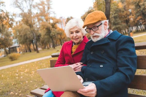 Старший пара с ноутбуком в парке — стоковое фото