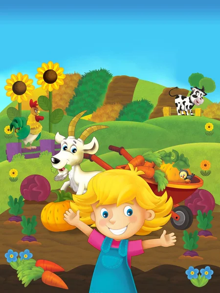 Мультфильм сцена девушка на ферме — стоковое фото