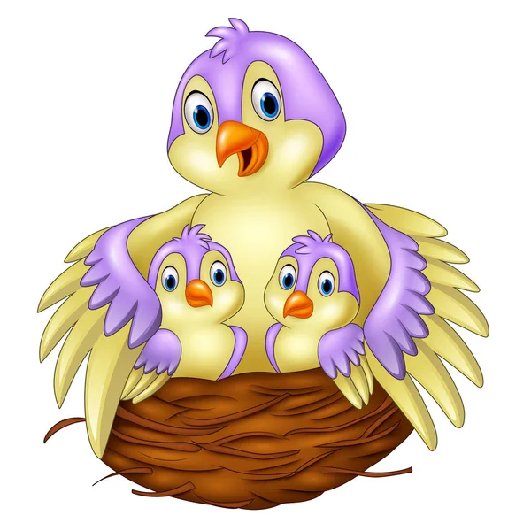 Птица мать с ее двух младенцев в гнезде — стоковый вектор