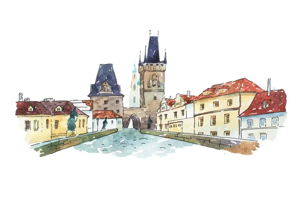 Акварельная живопись Карлов мост в Праге, Чешская Республика, Европе — стоковое фото