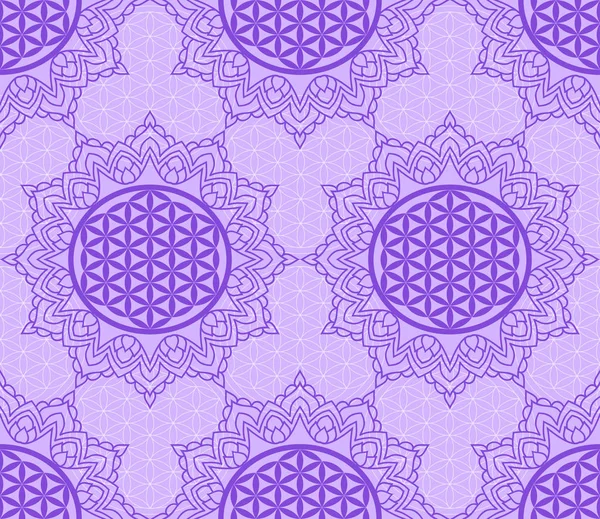 Бесшовный узор с фиолетовым символом цветка жизни в рамках мандалы. Сакральной геометрии. Древний символ семя жизни — стоковый вектор