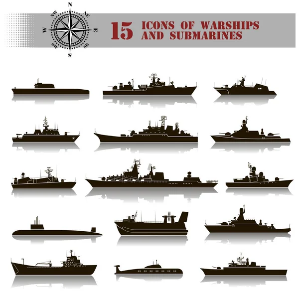 15 иконки кораблей и подводных лодок — стоковый вектор