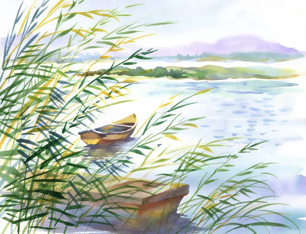 Сельский пейзаж с лодкой — стоковое фото