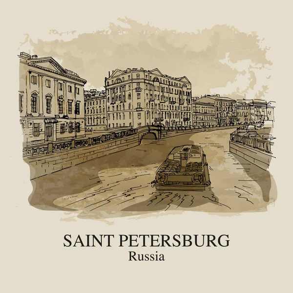 Санкт-Петербург, Россия: Вид реки Фонтанки. Рука нарисованные эскиз. Плакат, открытка календарь — стоковый вектор
