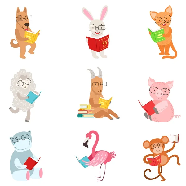 Funny Animal Characters Reading Books Set — стоковый вектор