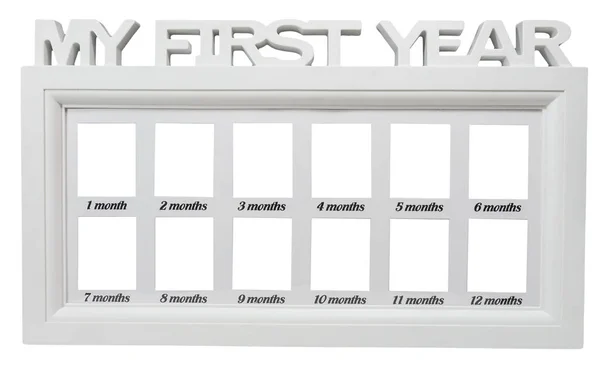 Babys белые фото рамка мой первый год на изолированных фоне. набор 12 двенадцать месяцев — стоковое фото